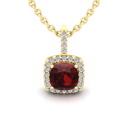 Garnet Necklace: Garnet Jewelry: 1 3/4 Carat Cushion Cut Garnet and Halo Diamond Necklace In 14 Karat Yellow Gold, 18 Inches