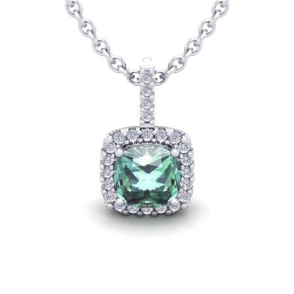 1 1/2 Carat Cushion Cut Green Amethyst and Halo Diamond Necklace In 14 Karat White Gold, 18 Inches