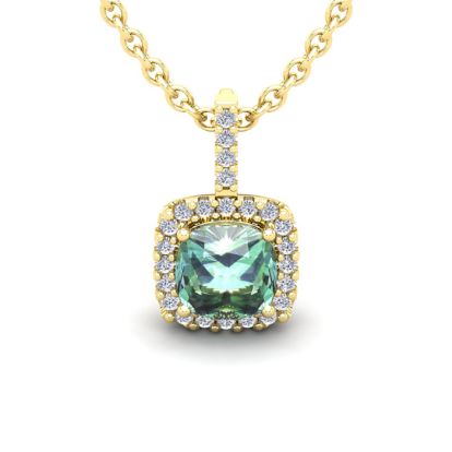 1 1/2 Carat Cushion Cut Green Amethyst and Halo Diamond Necklace In 14 Karat Yellow Gold, 18 Inches