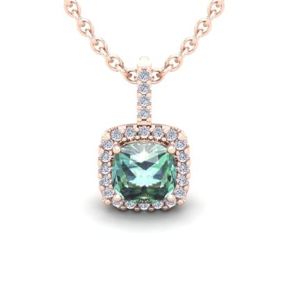 1 1/2 Carat Cushion Cut Green Amethyst and Halo Diamond Necklace In 14 Karat Rose Gold, 18 Inches