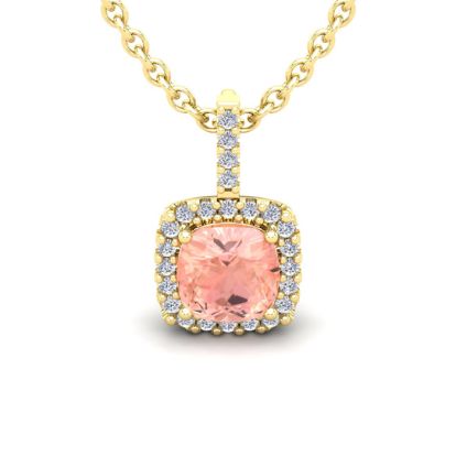 2 Carat Cushion Shape Morganite Necklace with Diamond Halo In 14 Karat Yellow Gold With 18 Inch Chain