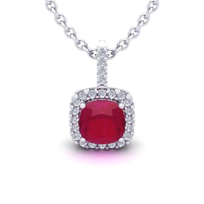 2 Carat Cushion Cut Ruby and Halo Diamond Necklace In 14 Karat White Gold, 18 Inches