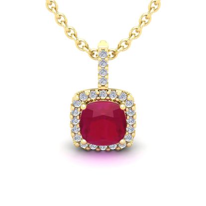2 Carat Cushion Cut Ruby and Halo Diamond Necklace In 14 Karat Yellow Gold, 18 Inches