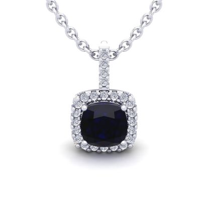 2 Carat Cushion Cut Sapphire and Halo Diamond Necklace In 14 Karat White Gold, 18 Inches