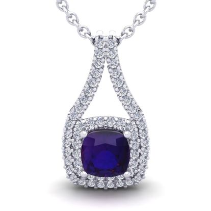 1 Carat Cushion Cut Amethyst and Double Halo Diamond Necklace In 14 Karat White Gold, 18 Inches