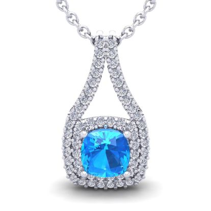 1 1/2 Carat Cushion Cut Blue Topaz and Double Halo Diamond Necklace In 14 Karat White Gold, 18 Inches