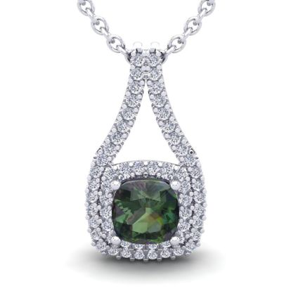 1-1/3 Carat Cushion Shape Mystic Topaz Necklace With Double Diamond Halo In 14 Karat White Gold, 18 Inches