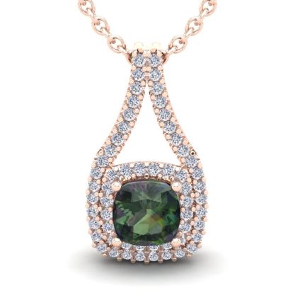 1-1/3 Carat Cushion Shape Mystic Topaz Necklace With Double Diamond Halo In 14 Karat Rose Gold, 18 Inches