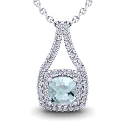 Aquamarine Necklace: Aquamarine Jewelry: 1 Carat Cushion Cut Aquamarine and Double Halo Diamond Necklace In 14 Karat White Gold, 18 Inches
