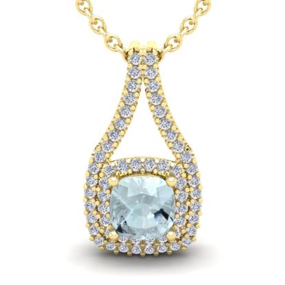 Aquamarine Necklace: Aquamarine Jewelry: 1 Carat Cushion Cut Aquamarine and Double Halo Diamond Necklace In 14 Karat Yellow Gold, 18 Inches
