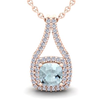 Aquamarine Necklace: Aquamarine Jewelry: 1 Carat Cushion Cut Aquamarine and Double Halo Diamond Necklace In 14 Karat Rose Gold, 18 Inches