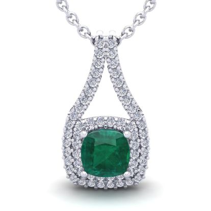 1-1/2 Carat Cushion Shape Emerald Necklaces With Double Halo Diamonds In 14 Karat White Gold, 18 Inch Chain