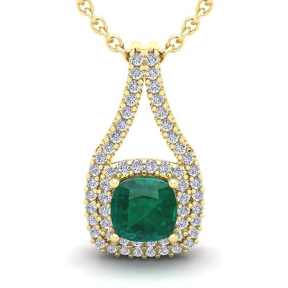 1-1/2 Carat Cushion Shape Emerald Necklaces With Double Halo Diamonds In 14 Karat Yellow Gold, 18 Inch Chain