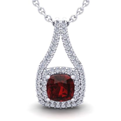 Garnet Necklace: Garnet Jewelry: 1 1/2 Carat Cushion Cut Garnet and Double Halo Diamond Necklace In 14 Karat White Gold, 18 Inches