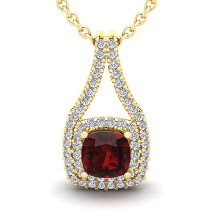 Garnet Necklace: Garnet Jewelry: 1 1/2 Carat Cushion Cut Garnet and Double Halo Diamond Necklace In 14 Karat Yellow Gold, 18 Inches