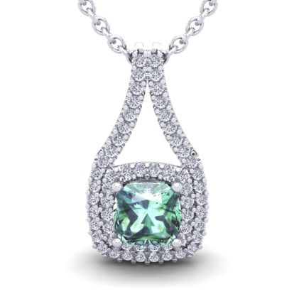 1 Carat Cushion Cut Green Amethyst and Double Halo Diamond Necklace In 14 Karat White Gold, 18 Inches