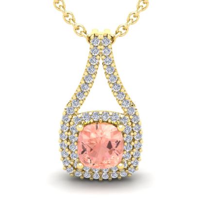 1-1/4 Carat Cushion Shape Morganite Necklace and Double Diamond Halo In 14 Karat Yellow Gold With 18 Inch Chain