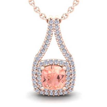 1-1/4 Carat Cushion Shape Morganite Necklace and Double Diamond Halo In 14 Karat Rose Gold With 18 Inch Chain