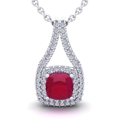 1 2/3 Carat Cushion Cut Ruby and Double Halo Diamond Necklace In 14 Karat White Gold, 18 Inches
