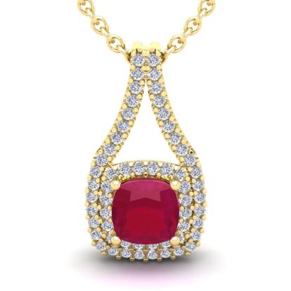 1 2/3 Carat Cushion Cut Ruby and Double Halo Diamond Necklace In 14 Karat Yellow Gold, 18 Inches