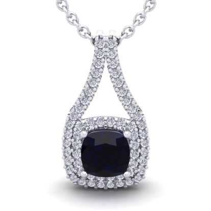 1 1/3 Carat Cushion Cut Sapphire and Double Halo Diamond Necklace In 14 Karat White Gold, 18 Inches