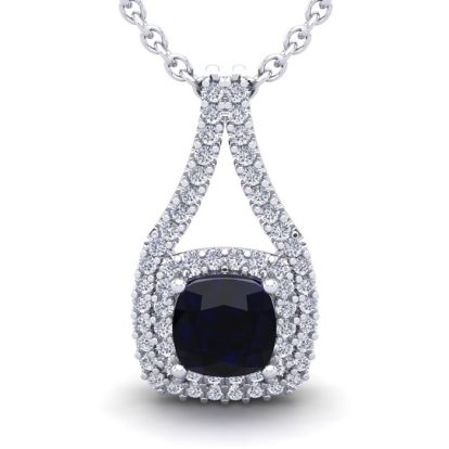 1 1/3 Carat Cushion Cut Sapphire and Double Halo Diamond Necklace In 14 Karat White Gold, 18 Inches