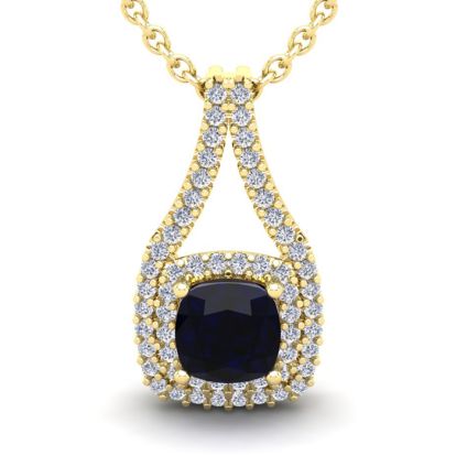 1 1/3 Carat Cushion Cut Sapphire and Double Halo Diamond Necklace In 14 Karat Yellow Gold, 18 Inches