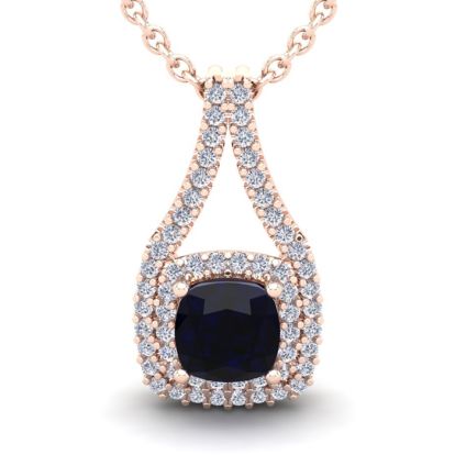 1 1/3 Carat Cushion Cut Sapphire and Double Halo Diamond Necklace In 14 Karat Rose Gold, 18 Inches