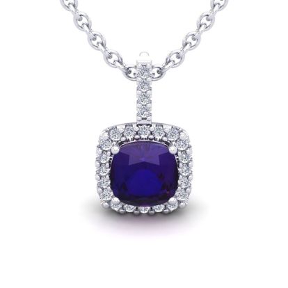 2 1/2 Carat Cushion Cut Amethyst and Halo Diamond Necklace In 14 Karat White Gold, 18 Inches