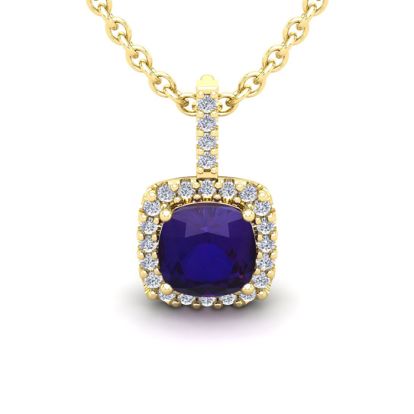 2 1/2 Carat Cushion Cut Amethyst and Halo Diamond Necklace In 14 Karat Yellow Gold, 18 Inches