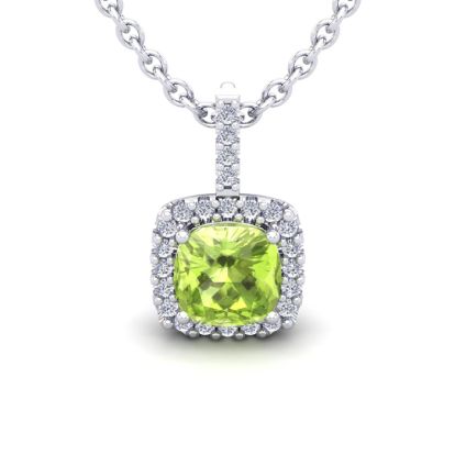 3 Carat Cushion Cut Peridot and Halo Diamond Necklace In 14 Karat White Gold, 18 Inches