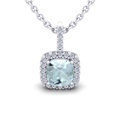 Aquamarine Necklace: Aquamarine Jewelry: 2 1/2 Carat Cushion Cut Aquamarine and Halo Diamond Necklace In 14 Karat White Gold, 18 Inches