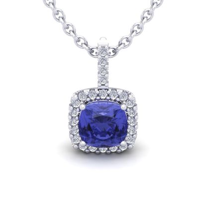 3 Carat Cushion Cut Tanzanite and Halo Diamond Necklace In 14 Karat White Gold, 18 Inches