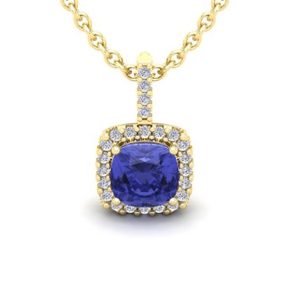 3 Carat Cushion Cut Tanzanite and Halo Diamond Necklace In 14 Karat Yellow Gold, 18 Inches