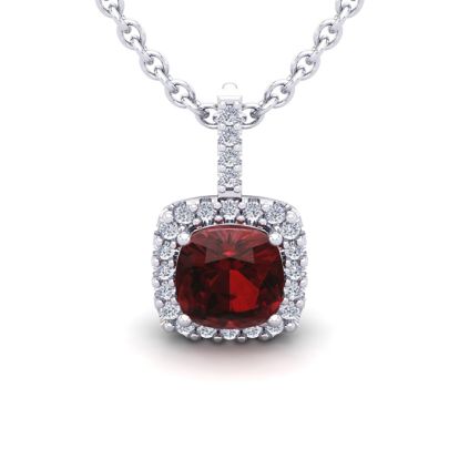 Garnet Necklace: Garnet Jewelry: 3 1/2 Carat Cushion Cut Garnet and Halo Diamond Necklace In 14 Karat White Gold, 18 Inches