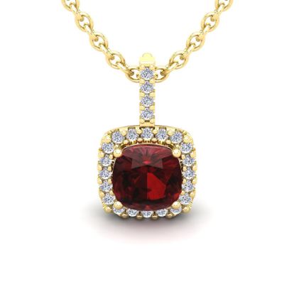Garnet Necklace: Garnet Jewelry: 3 1/2 Carat Cushion Cut Garnet and Halo Diamond Necklace In 14 Karat Yellow Gold, 18 Inches
