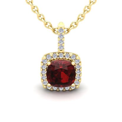 Garnet Necklace: Garnet Jewelry: 3 1/2 Carat Cushion Cut Garnet and Halo Diamond Necklace In 14 Karat Yellow Gold, 18 Inches