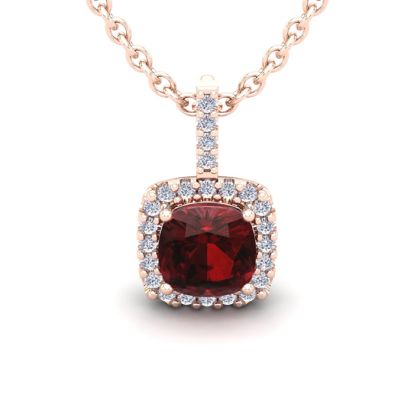 Garnet Necklace: Garnet Jewelry: 3 1/2 Carat Cushion Cut Garnet and Halo Diamond Necklace In 14 Karat Rose Gold, 18 Inches