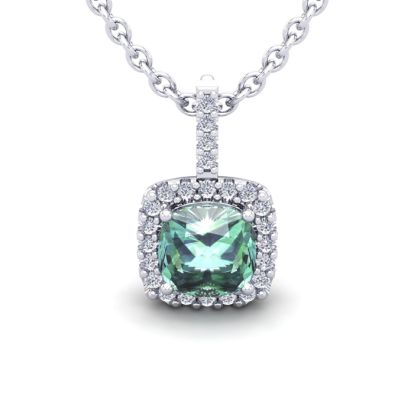 2 1/2 Carat Cushion Cut Green Amethyst and Halo Diamond Necklace In 14 Karat White Gold, 18 Inches