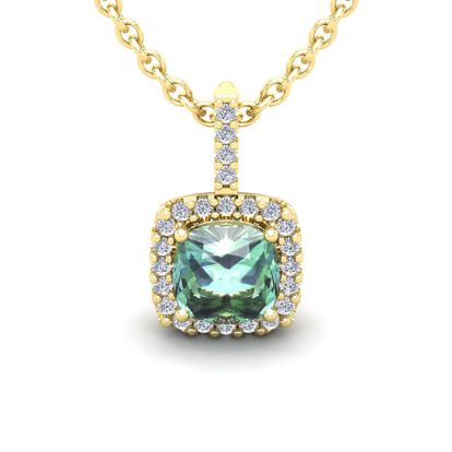 2 1/2 Carat Cushion Cut Green Amethyst and Halo Diamond Necklace In 14 Karat Yellow Gold, 18 Inches