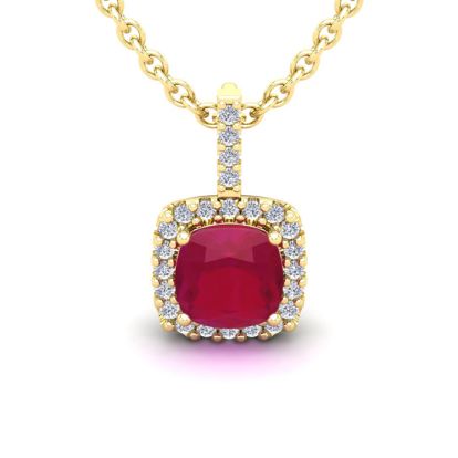 3 1/2 Carat Cushion Cut Ruby and Halo Diamond Necklace In 14 Karat Yellow Gold, 18 Inches