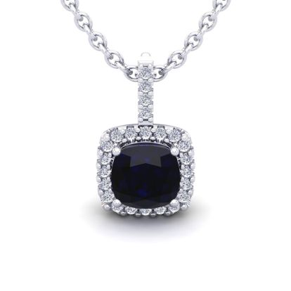 3 1/2 Carat Cushion Cut Sapphire and Halo Diamond Necklace In 14 Karat White Gold, 18 Inches