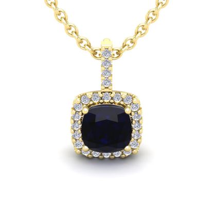 3 1/2 Carat Cushion Cut Sapphire and Halo Diamond Necklace In 14 Karat Yellow Gold, 18 Inches