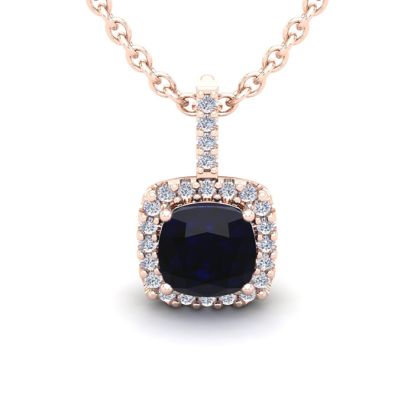 3 1/2 Carat Cushion Cut Sapphire and Halo Diamond Necklace In 14 Karat Rose Gold, 18 Inches