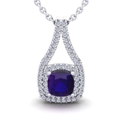 2 Carat Cushion Cut Amethyst and Double Halo Diamond Necklace In 14 Karat White Gold, 18 Inches