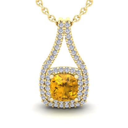 2 Carat Cushion Cut Citrine and Double Halo Diamond Necklace In 14 Karat Yellow Gold, 18 Inches
