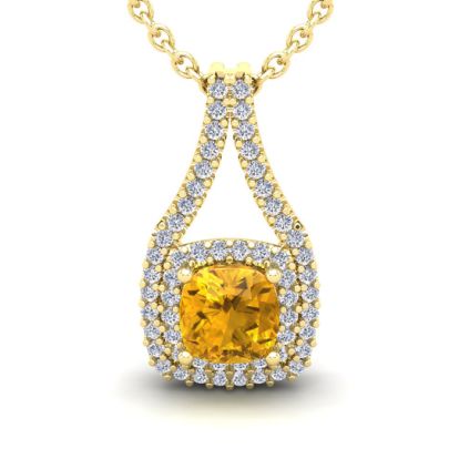 2 Carat Cushion Cut Citrine and Double Halo Diamond Necklace In 14 Karat Yellow Gold, 18 Inches
