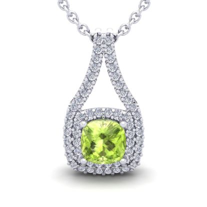 2 Carat Cushion Cut Peridot and Double Halo Diamond Necklace In 14 Karat White Gold, 18 Inches