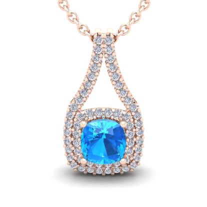 2 1/3 Carat Cushion Cut Blue Topaz and Double Halo Diamond Necklace In 14 Karat Rose Gold, 18 Inches