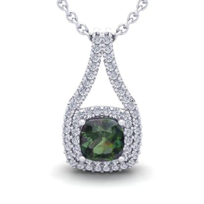2-1/4 Carat Cushion Shape Mystic Topaz Necklace With Double Diamond Halo In 14 Karat White Gold, 18 Inches